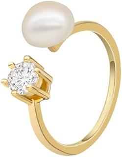 18K Gold-Plated CZ Simulated Diamond and Freshwater Pearl Adjustable Ring for Women, Elegant Stackable Eternity Ring Jewelry Gift