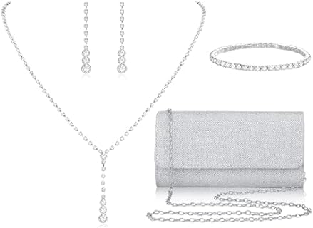 4Pcs Silver Clutch Purse Jewelry Set for Women Rhinestone Crystal Necklace Earrings Bracelets Set