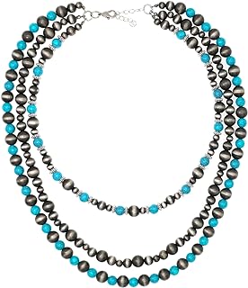 Western Metallic Navajo Pearl Choker Necklace For Women Cowgirls Multi Layer Pearls Turquoise Beaded Boho Chic Statement Necklace Southwestern