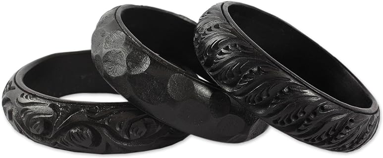 NOVICA 'Glorious Goa' Handmade Indian Wooden Bangle Bracelets with Box Chain, Eco-friendly - Set of 3