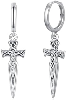 Celtic Knot Dagger Sword Earrings - Gothic 925 Sterling Silver Hinged Hoop Dangle Earrings For Men And Women