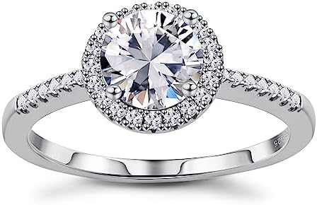 Moissanite Engagement Rings for Women, 1CT D Color VVS1 Clarity, Brilliant Round/ Oval Cut Lab Created Diamond Rings, 925 Sterling Silver 18K White Gold Plated Moissanite Wedding Promise Halo Rings for Women