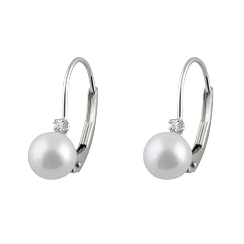 Handpicked AAA+ 5-5.5mm White Round Freshwater Cultured Pearls and Diamonds 0.02 cttw in 14K Gold Lever-back Huggie Ball Earrings