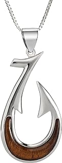925 Sterling Silver Hawaiian Koa Wood Fish Hook Necklace Pendant with 18" Box Chain, Nickle Free Hypoallergenic for Sensitive Skin