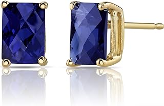 Peora 14K Yellow Gold 2.50 Carats Created Blue Sapphire Earrings for Women, Classic Solitaire Studs, 7x5mm Radiant Cut, Friction Back