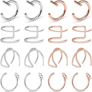 Ftovosyo Fake Lip Rings T Shaped Stainless Steel Gothic Clip on Non piercing Nose Ring Double Cartilage Helix Earrings Ear Cuff for Women Men