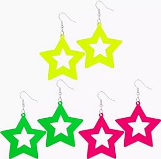 3-Pairs Men's Vintage 80s Dangle Earrings with French Wire Back, Neon Acrylic Lightning Bolt, Heart, Star Shapes, Perfect for Raves, Parties or Unique Gifts