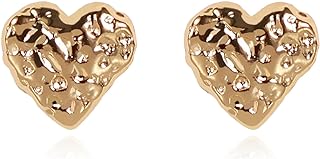 Heart Stud Earrings for Women - Gold Nugget Earrings Tiny Studs Earrings Hammered Textured Nugget Heart Earring Jewelry Valentine Birthday Gifts for Women Girls