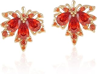 Durable Orange Brass Snap-Back Stud Earrings with Cubic Zirconia Gems for Women, Formal Maple Leaf Design