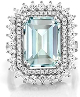 Elegant Simulated Aquamarine Engagement Ring with Zirconia Accents, Emerald Cut, in 925 Sterling Silver by Gem Stone King - Various Sizes Available