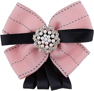 Pearl Bow Brooch Pre Tied Neck Tie Brooch Pin Clip Ribbon Plaid Bow Tie for Women Wedding Party