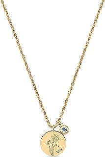 Fettero Birth Flower Necklace Gold Coin Stamp Pendant Birthstone 12 Month 18K Gold Vacuum Plated Dainty 2MM Twist Rope Chain Simple Personalized Jewelry for Women Birthday