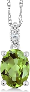 Gem Stone King 10K White Gold Green Peridot and Diamond Pendant Necklace For Women (1.80 Cttw, Gemstone Birthstone, Oval 9X7MM With 18 Inch Chain)