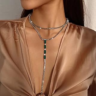Sexy Long Crystal Y Necklace Choker Chain Wedding CZ Rhinestone Collar Lariat Emerald Pendant Necklace Green Crystal Charm Necklace Gold Unique Layered Crystal Prom Necklace for Women Girls