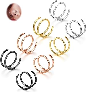 BodyBonita 2-8Pcs Softened 316L Stainless Steel Double Hoop Nose Ring for Single Piercing 22G 20G 18G Bendable Twist Spiral Nose Rings Hoops for Women 8mm 10mm