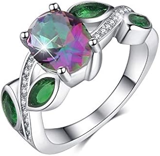 Rainbow Gemstone Topaz & Emerald Ring Wedding Engagement Ring for women 18K White Gold Plating Excellent Cut CZ Stone Ring with Box Packing Size 6-10