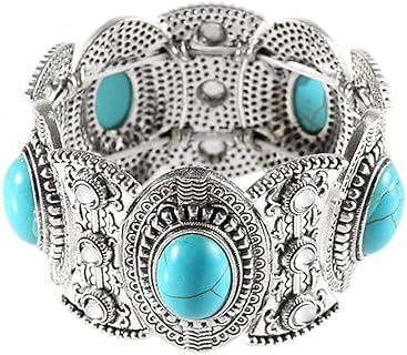 Lobster Claw Turquoise Bead Bracelet with Bead Chain for Women - Simulated Turquoise Retro Bohemian Square Charm Design