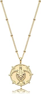 WEARON Dainty Pendant Necklace 14k Gold Plated Simple Link Chain Necklace Turquoise Crescent Moon Love Heart Double Sided Big Turtle Pendant Necklaces for Women Personalise Gift
