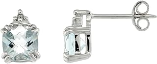 10k White Gold Diamond Natural Aquamarine Stud Earrings 5x5 mm Cushion Cut