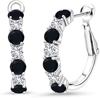Women's Sterling Silver Hoop Earrings with Black Onyx & White Created Sapphire Gems - Round 4MM and 3MM Lever Back Design by Gem Stone King