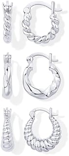 PAVOI 14K Gold Plated Sterling Silver Posts 3 Pairs Rope Twisted Hoop Earrings Set | Three Chunky Huggie Hoop Pack | Earscape for Women 14mm 13mm 10mm