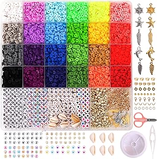 Quefe 6500pcs Clay Beads 24 Colors Polymer Heishi Beads for Jewelry Making, Flat Preppy Beads for Friendship Bracelets Making Kit with Charms and Elastic Strings