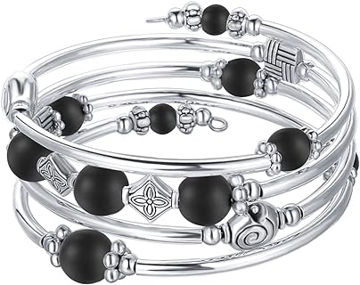 Beaded Pearl Bangle Wrap Bracelet - Fashion Bohemian Jewelry Multilayer Charm Bracelet with Thick Silver Metal Beads, Gift For Women and Girls