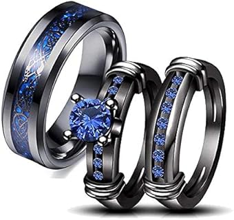 Couple Ring Bridal Set His Hers Black Gold Plated Blue CZ Stainless Steel Wedding Ring Band