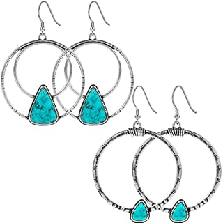 2 Pairs Silver Western Turquoise Hoop Earrings for Women Dangling 1.8 Inch Bohemian Retro Vintage Hypoallergenic Earrings Jewelry for Cowgirl