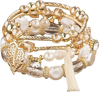 4Pcs Set Bohemian Rose Leaves Crystal Pearl Tassel Beaded Stretch Pendant Bracelets for Women Girls Gold Beaded Stackable Bracelet Colorful Charm Jewelry Boho Beach Party