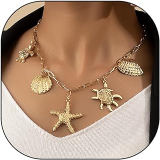 Gold Shell Starfish Choker Necklaces,Beach Scallop Statement Pendant Necklaces, Trendy Holiday Chain Necklaces Jewelry Gifts for Women Teen Girls