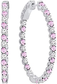 Dazzlingrock Collection 10K Round Gemstone & White Diamond Ladies Hoop Earrings, White Gold