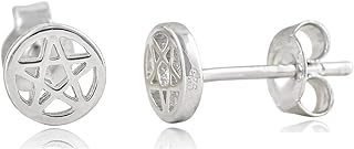 Rhodium Plated Sterling Silver Wiccan Pentacle Star Studs Small Pentagram Stud Earrings for Women & Girls