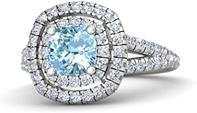 Women 14k Gold Plated .925 Sterling Silver 6 MM Cushion Cut CZ Aquamarine & Cubic Zirconia Cinderella Princess Ring Engagement & Wedding Ring Size 4 to 11