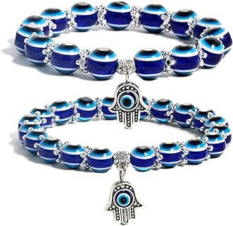 Blue Evil Eye Hamsa Beaded Bracelet with Zinc and Resin for Protection, Luck and Positivity - Adjustable Bead Chain, No Clasp Type for Women