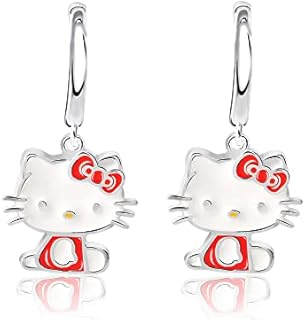 SALLY ROSE Sanrio Hello Kitty Womens Hoop Earrings - Enamel and Silver Plated Hello Kitty Half Hoop Dangle Earrings Officially Licensed