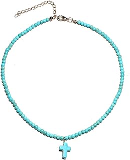 Small Dainty Cross Necklace Pendant Bohemian Turquoise Seed Bead Beaded Necklace Choker for Women Men Girls Faith Jewelry Gift