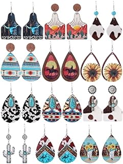 12-Pair Boho Cowgirl Earrings Set, Turquoise Stud and Wood Teardrop Dangle Designs with French Wire Closure for Women and Girls