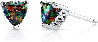 Peora Created Black Fire Opal Heart Earrings for Women 925 Sterling Silver, Scroll Gallery Solitaire Studs, 1.25 Carats Total 6mm, Friction Back