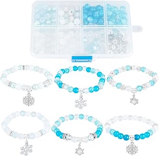 SUNNYCLUE 1 Box 209Pcs DIY 6 Sets Snowflake Bracelet Making Kit Winter Charms Snow Snowflake Charms Christmas Bracelet Sets Glass Beads for Jewelry Making Kits Beginners Starter Women DIY Gift Craft