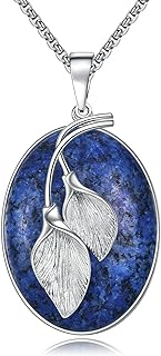 Gemstone Leaf Necklace Stainless Steel Leaf Pendant Oval Gemstone Necklace Jewelry Gifts for Women Girls