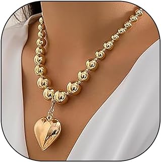 Chunky Gold Silver Love Heart Necklace with Ball Chain, Alloy Gem, Adjustable Puffy Heart Shaped Pendant for Women and Teen Girls