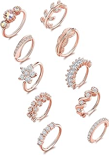 Tornito 10Pcs Nose Ring Hoop Paved Flower Leaf Feather CZ Cartilage Earrings Nose Piercing Jewelry for Women Men Silver Gold Rose Gold Tone 20G