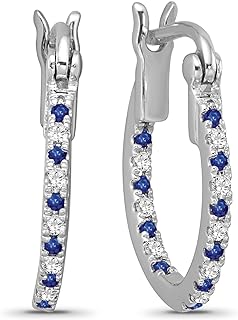 ARAIYA FINE JEWELRY Gift For Mothers Day 10K Gold and Silver Inside and Outside Diamond and Blue Sapphire Hoop Earrings (1/10 cttw, I-J Color, I2-I3 Clarity)