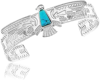 RechicGu Vintage Tribal Southwest Turkey Eagle Carved Blue Stone Aztec Cowgirl Cowboy Native American Open Cuff Bracelet Bangle