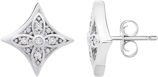Timeless Love 1/10 CTTW Diamond Star Design Stud Earrings Set in Polished Sterling Silver, 12.45mm x 12.45mm Friction Post & Back Earrings, Dainty Jewelry for Women and Girls, Women’s Fashion Earrings