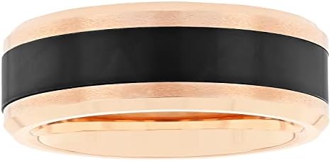 Tantalum Carbide 8mm Rose Gold Tone Finish with Black Forged Carbon Fiber Center and Beveled Edge Men’s Wedding Band Ring