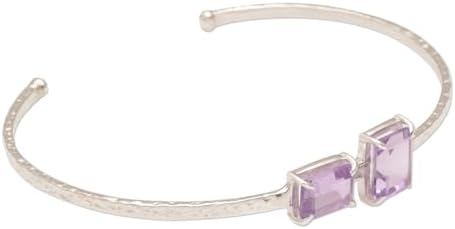 NOVICA Artisan Handmade Amethyst Cuff Bracelet Hammered Sterling Silver with Amethysts Purple Indonesia Birthstone Gemstone Modern [5.5 in L (end to End) x 0.4 in W] ' Stand by Me'