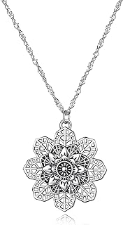Indian Boho Mandala Pendant Necklace with Stainless Steel Cable Chain for Women, Vintage Silver Real Gold-Filled Design - No Gemstone