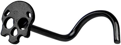 Unisex Titanium Skull Nose Stud Ring, Black Anodized Steel & Titanium, 20 Gauge, 8mm Length, Secure Bend Fit